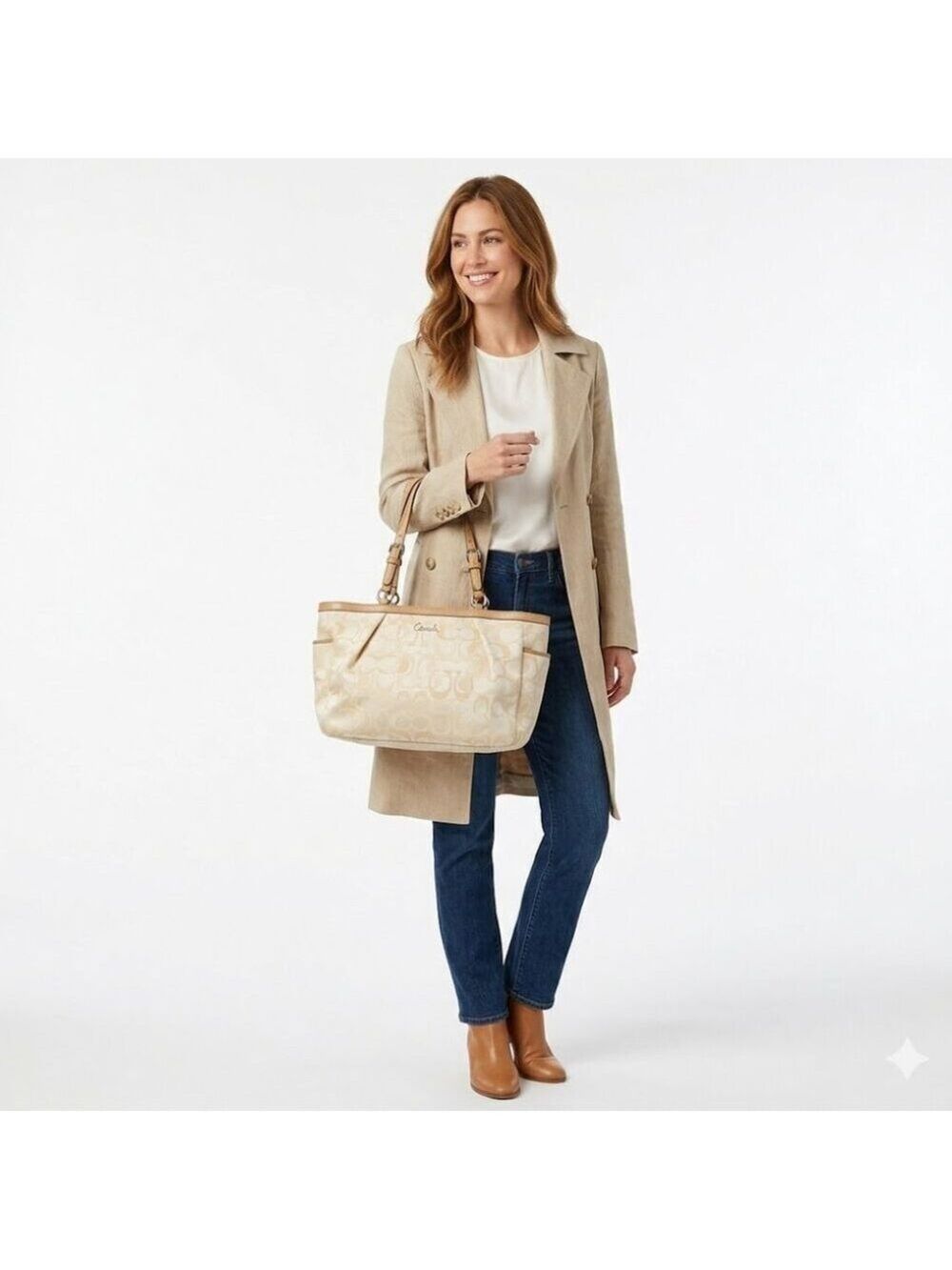 *Coach Signature Canvas Tote Cream Tan Jacquard Leather Trim Authentic